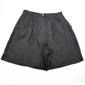 Embassy Row Vintage Womens 14 Black 100% Pure Linen Pleated Bermuda Shorts